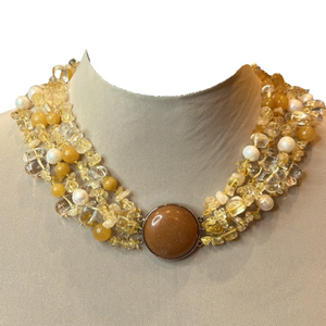 Yellow Agate crystal and Pearl beaded Statement Necklace with Sandstone Pendant